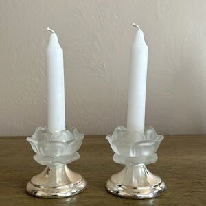 Vintage Pair of Frosted Glass Roses Candleholders Silver Base. Candles Included